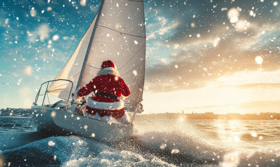 Santa Claus sailing a yacht